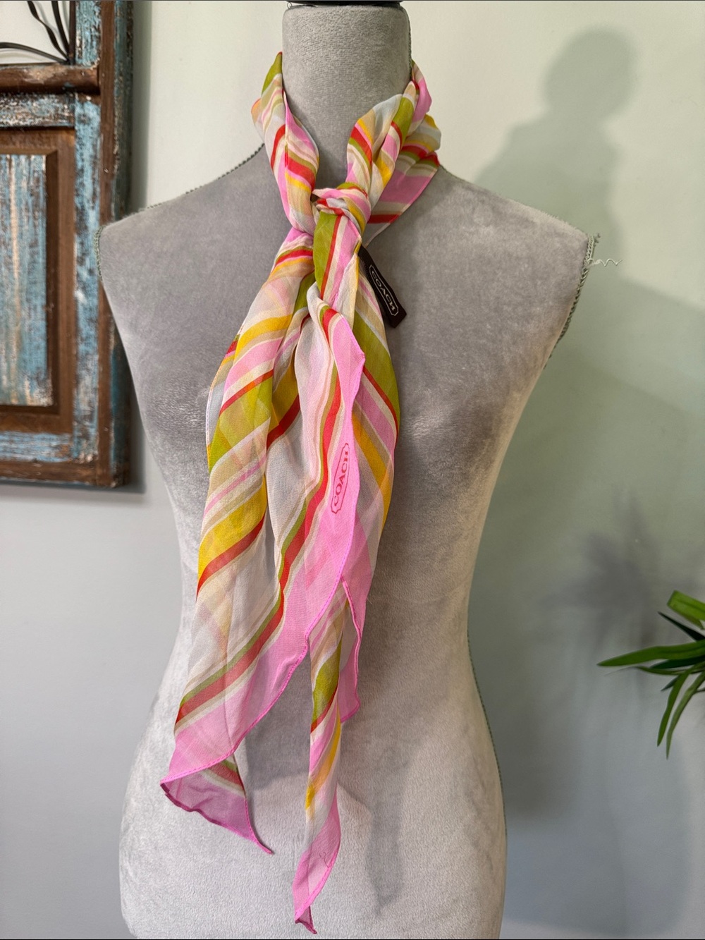 Coach Pink & Green Striped Silk Scarf EUC